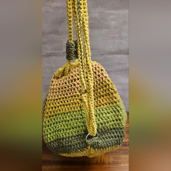 Crochet Drawstring Backpack - Green & Tan - Picture 3 of 6